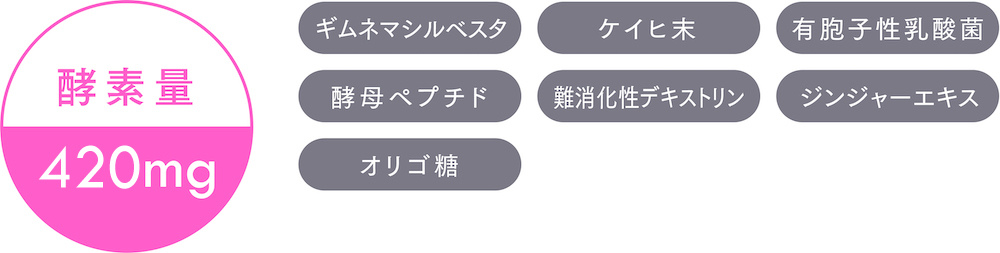 酵素量:400mg 成分:ギムネマシルベジタ ケイヒ末 有胞子性乳酸菌 酵母ペプチド 難消化性デキストリン ジンジャーエキス オリゴ糖