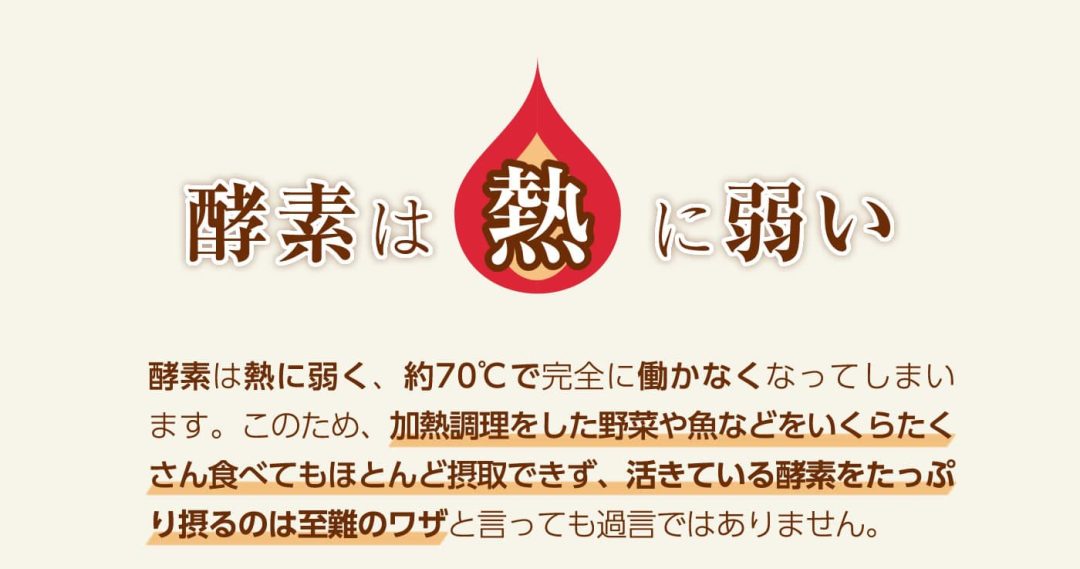 酵素は熱に弱く、70度以上に加熱すると死んでしまいます。