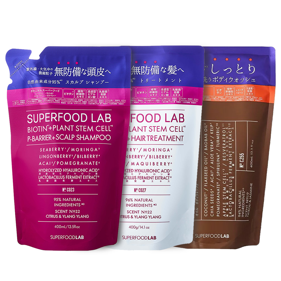 【詰替えセット】SUPERFOOD LAB ピーバリアスカルプシャンプー＆ヘアトリートメント＋オイルボディウォッシュ リフィルセット