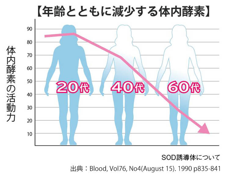 【年齢と共に減少する体内酵素】体内酵素の活動力　SOD誘導体について　出典：Blood, Vol76, No4(August 15). 1990 pp835-841