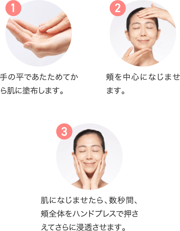1.手の平であたためてから肌に塗布します。2.頬を中心になじませます。 3.肌になじませたら、数秒間、頬全体をハンドプレスで押さえてさらに浸透させます。
